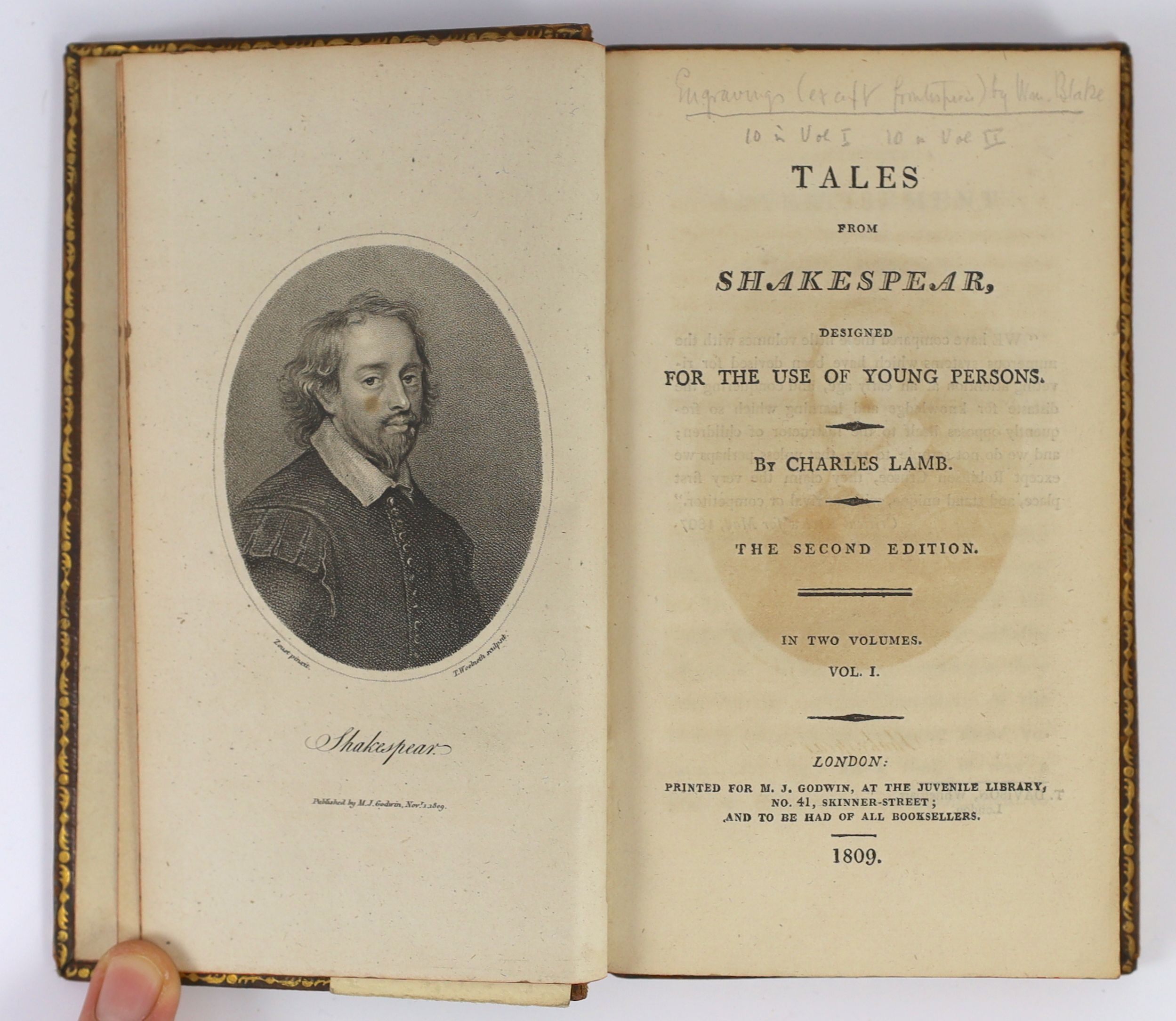 Lamb, Charles & Mary - Tales from Shakespear [sic] designed for the use of Young Persons, 2vols, 2nd edition, 12mo, diced Russia calf, with 20 plates, variously attributed to William Blake or William Mulready, M.J. Godwi